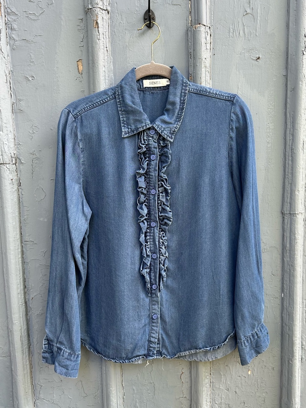 Senes Chambray Ruffle front Shirt, size M